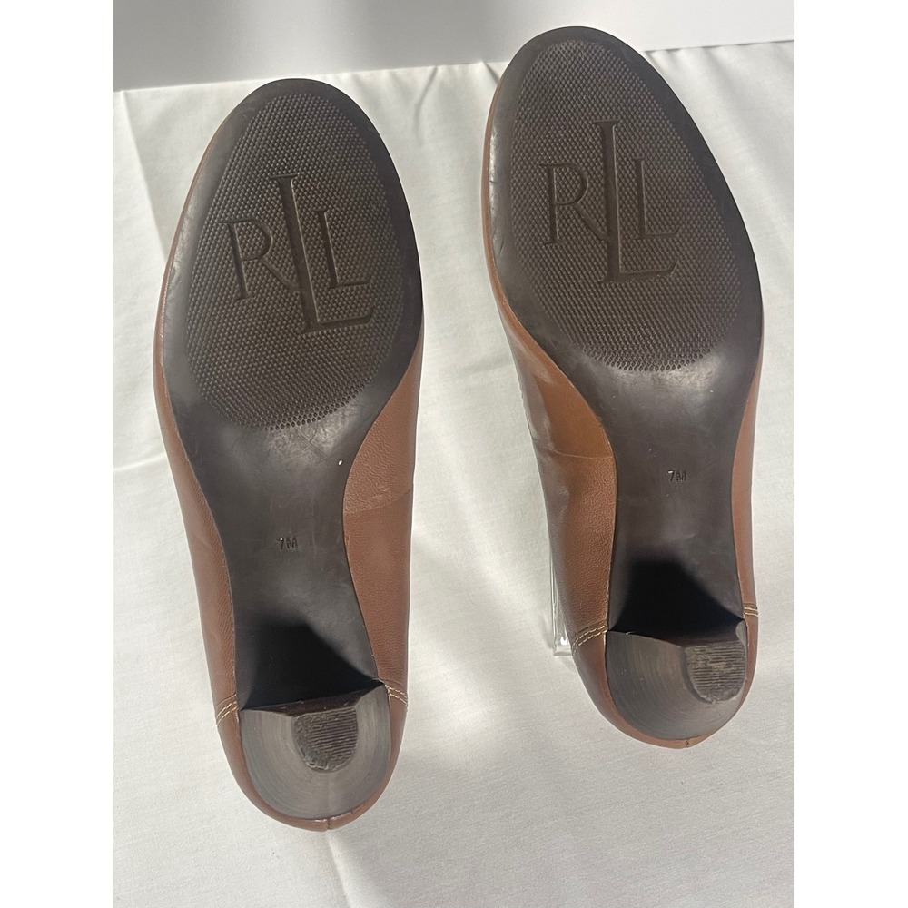 Lauren Ralph Lauren Salma Pumps Women's 7B Cognac Tan Buckle Stacked Heel - Picture 6 of 6
